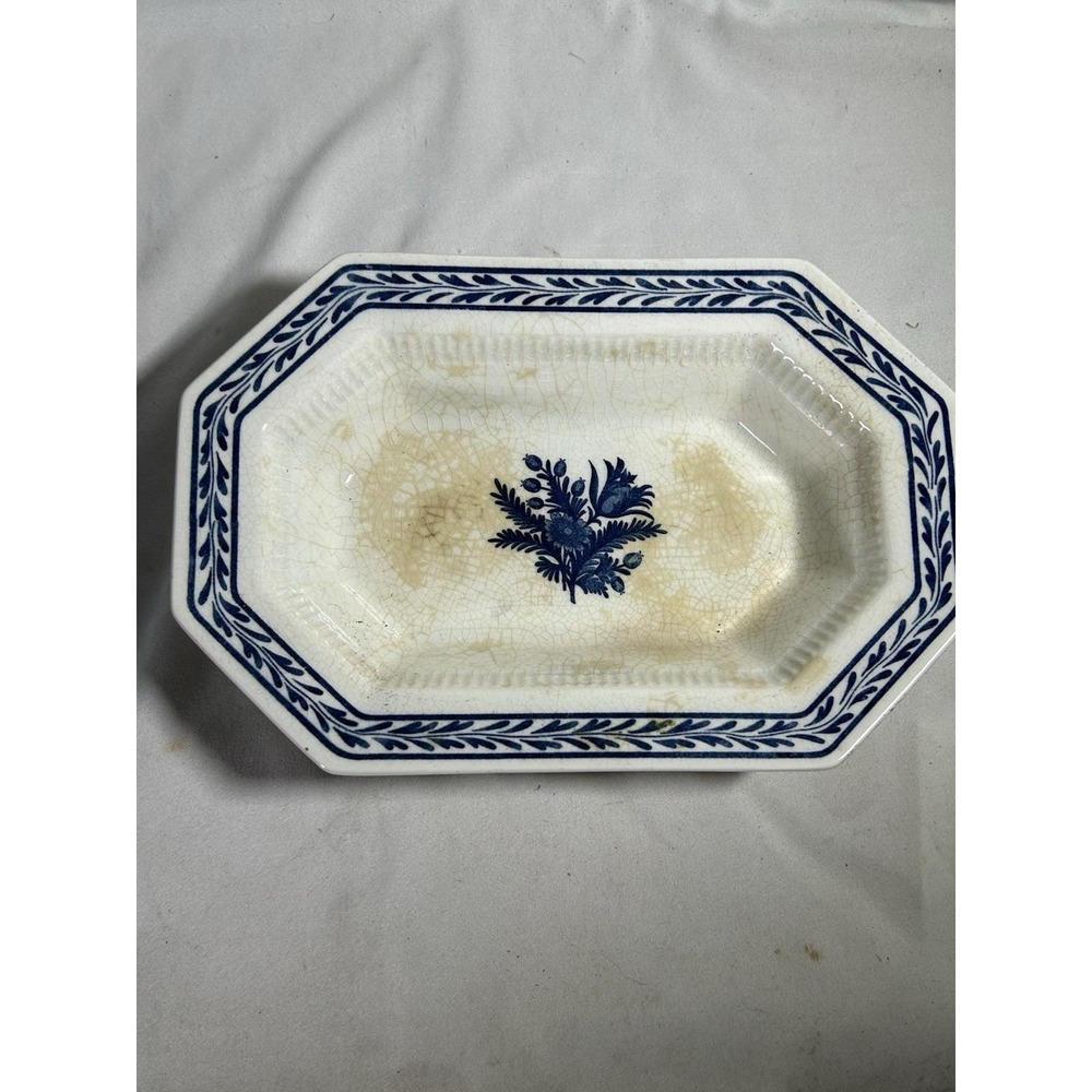 Vintage Independence Ironstone Interpace Serving Bowl Dish Blue Floral  9" x 6"